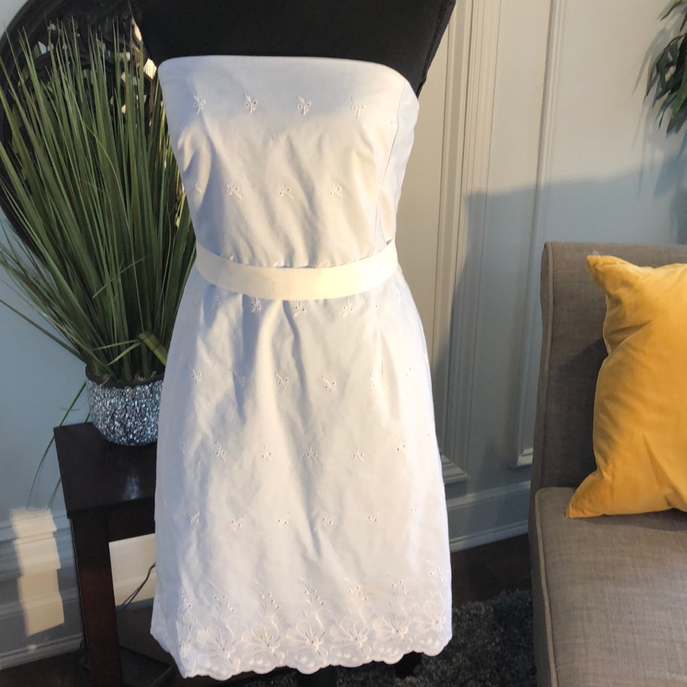 Strapless eyelet dress.